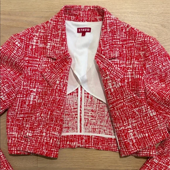 STAUD Textured Red and White Cropped Blazer - Picture 5 of 9